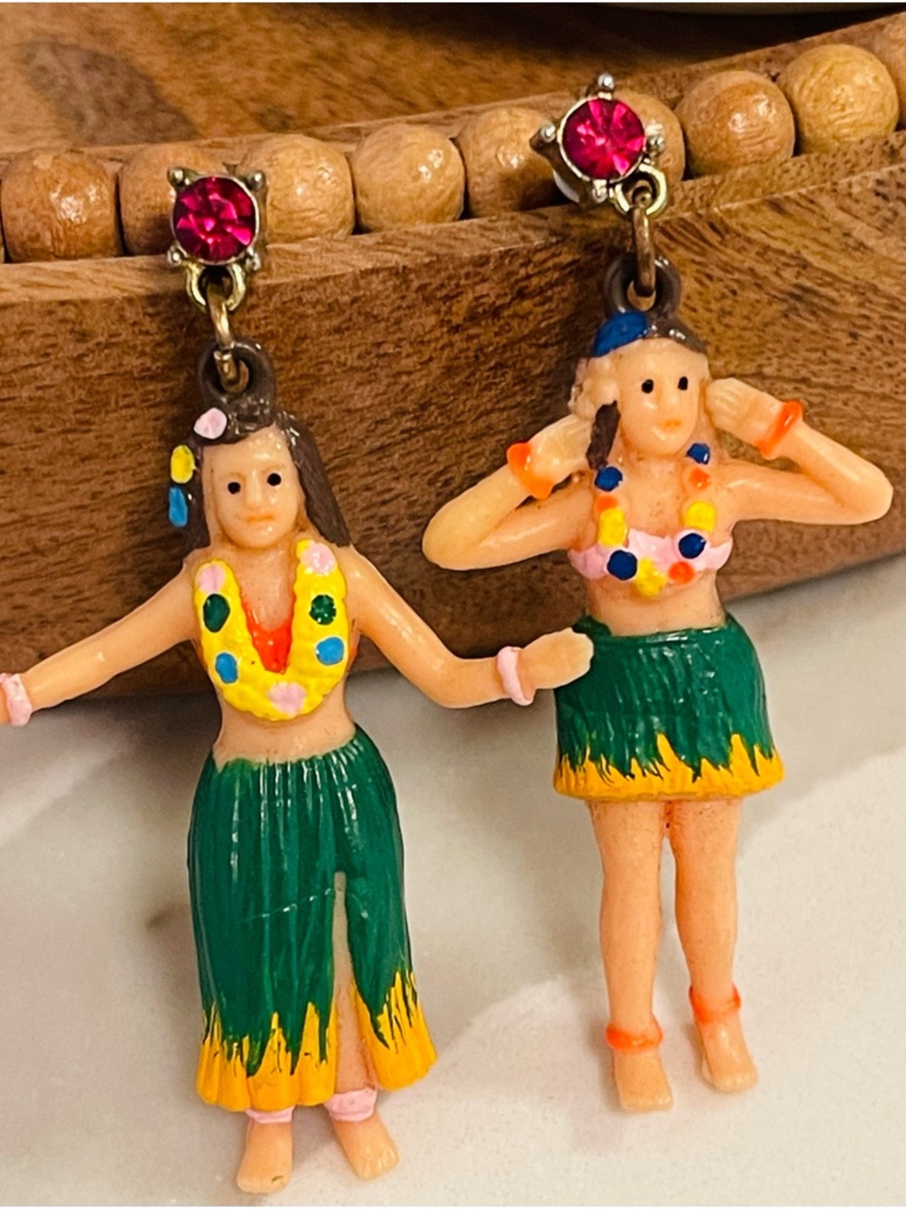 Tropical Hula Tiki Dancer Earrings with Pink Crystal Tops